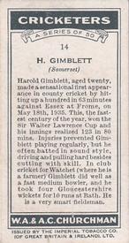 1936 Churchman's Cricketers #14 Harold Gimblett Back