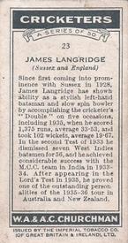 1936 Churchman's Cricketers #23 James Langridge Back