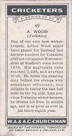 1936 Churchman's Cricketers #49 Arthur Wood Back