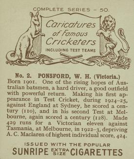 1926 R & J Hill Caricatures Of Famous Cricketers (Large) #2 Bill Ponsford Back