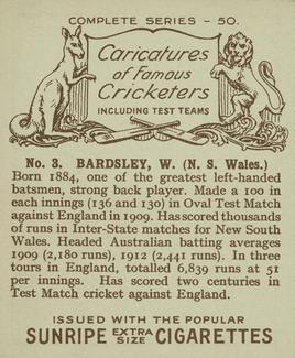 1926 R & J Hill Caricatures Of Famous Cricketers (Large) #3 Warren Bardsley Back