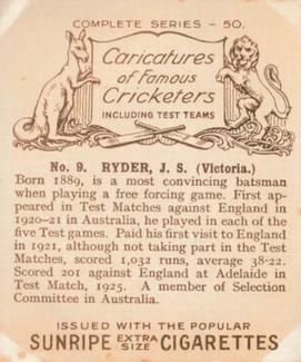 1926 R & J Hill Caricatures Of Famous Cricketers (Large) #9 Jack Ryder Back