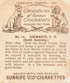 1926 R & J Hill Caricatures Of Famous Cricketers (Large) #11 Clarrie Grimmett Back