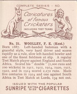 1926 R & J Hill Caricatures Of Famous Cricketers (Large) #21 Frank Woolley Back