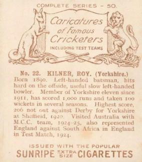 1926 R & J Hill Caricatures Of Famous Cricketers (Large) #22 Roy Kilner Back