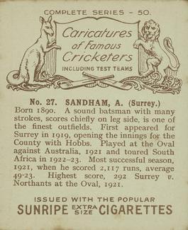 1926 R & J Hill Caricatures Of Famous Cricketers (Large) #27 Andy Sandham Back