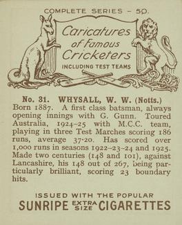 1926 R & J Hill Caricatures Of Famous Cricketers (Large) #31 William Whysall Back