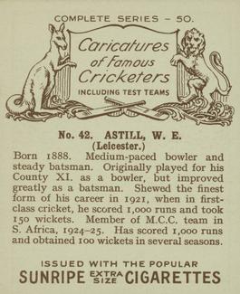 1926 R & J Hill Caricatures Of Famous Cricketers (Large) #42 Ewart Astill Back