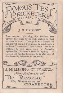1928 J.Millhoff & Co Famous Test Cricketers (Large) #1 Jack Gregory Back