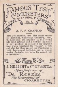 1928 J.Millhoff & Co Famous Test Cricketers (Large) #3 Percy Chapman Back