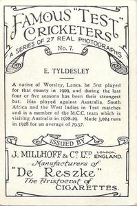 1928 J.Millhoff & Co Famous Test Cricketers (Large) #7 Ernest Tyldesley Back