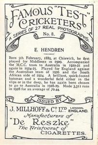 1928 J.Millhoff & Co Famous Test Cricketers (Large) #8 Patsy Hendren Back