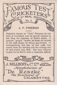 1928 J.Millhoff & Co Famous Test Cricketers (Large) #9 Alfred Freeman Back