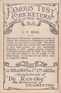 1928 J.Millhoff & Co Famous Test Cricketers (Large) #12 Phil Mead Back