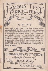 1928 J.Millhoff & Co Famous Test Cricketers (Large) #22 Maurice Tate Back
