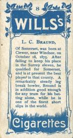 1903 Wills's Cricketers #8 Len Braund Back