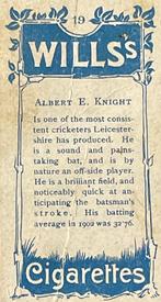 1903 Wills's Cricketers #19 Albert Knight Back