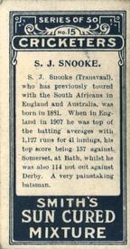 1912 F & J Smith Series Of 50 Cricketers #15 Tip Snooke Back