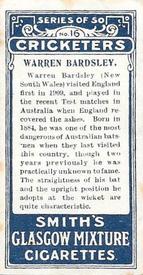 1912 F & J Smith Series Of 50 Cricketers #16 Warren Bardsley Back