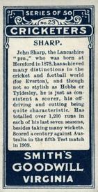 1912 F & J Smith Series Of 50 Cricketers #23 Aubrey Sharp Back