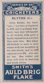 1912 F & J Smith Series Of 50 Cricketers #25 Colin Blythe Back