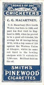 1912 F & J Smith Series Of 50 Cricketers #29 Charlie Macartney Back