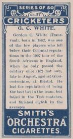 1912 F & J Smith Series Of 50 Cricketers #37 Gordon White Back