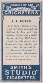 1912 F & J Smith Series Of 50 Cricketers #38 Johannes Kotze Back
