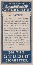 1912 F & J Smith Series Of 50 Cricketers #43 Tibby Cotter Back