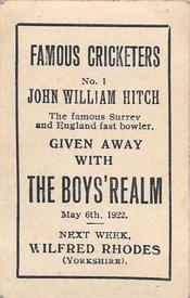 1922 Amalgamated Press The Boys Realm Famous Cricketers #1 John William Hitch Back