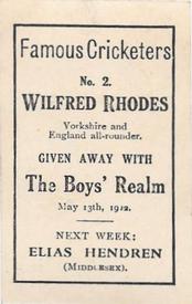 1922 Amalgamated Press The Boys Realm Famous Cricketers #2 Wilfred Rhodes Back