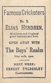 1922 Amalgamated Press The Boys Realm Famous Cricketers #3 Patsy Hendren Back