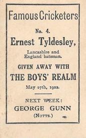 1922 Amalgamated Press The Boys Realm Famous Cricketers #4 Ernest Tyldesley Back