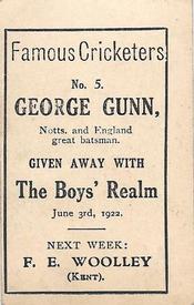 1922 Amalgamated Press The Boys Realm Famous Cricketers #5 George  Gunn Back