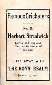 1922 Amalgamated Press The Boys Realm Famous Cricketers #8 Herbert Strudwick Back