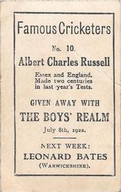 1922 Amalgamated Press The Boys Realm Famous Cricketers #10 Albert Russell Back