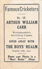 1922 Amalgamated Press The Boys Realm Famous Cricketers #15 Arthur Carr Back