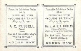 1922 Amalgamated Press Young Britain Favourite Cricketers - Uncut Pairs #3/4 J.W.H.T. Douglas / A. G. Russell Back