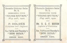 1922 Amalgamated Press Young Britain Favourite Cricketers - Uncut Pairs #5/6 D.C.F. Burton / P. Holmes Back