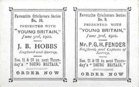 1922 Amalgamated Press Young Britain Favourite Cricketers - Uncut Pairs #9/10 P.G.H. Fender / J.B. Hobbs Back