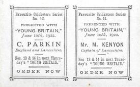 1922 Amalgamated Press Young Britain Favourite Cricketers - Uncut Pairs #11/12 M. Kenyon / C. Parkin Back