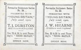 1922 Amalgamated Press Young Britain Favourite Cricketers - Uncut Pairs #23/24 J.W. Hearne / T.J. Durston Back