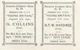 1922 Amalgamated Press Young Britain Favourite Cricketers - Uncut Pairs #27/28 H.T.W. Hardinge / G. Collins Back