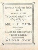 1922 Amalgamated Press Young Britain Favourite Cricketers #1 Frank Mann Back