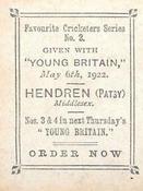 1922 Amalgamated Press Young Britain Favourite Cricketers #2 Patsy Hendren Back