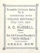 1922 Amalgamated Press Young Britain Favourite Cricketers #4 Albert Russell Back