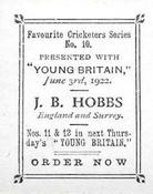 1922 Amalgamated Press Young Britain Favourite Cricketers #10 Jack Hobbs Back