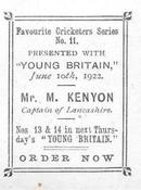 1922 Amalgamated Press Young Britain Favourite Cricketers #11 Myles Kenyon Back