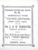 1922 Amalgamated Press Young Britain Favourite Cricketers #13 Lionel Troughton Back