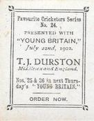 1922 Amalgamated Press Young Britain Favourite Cricketers #24 Frederick Durston Back